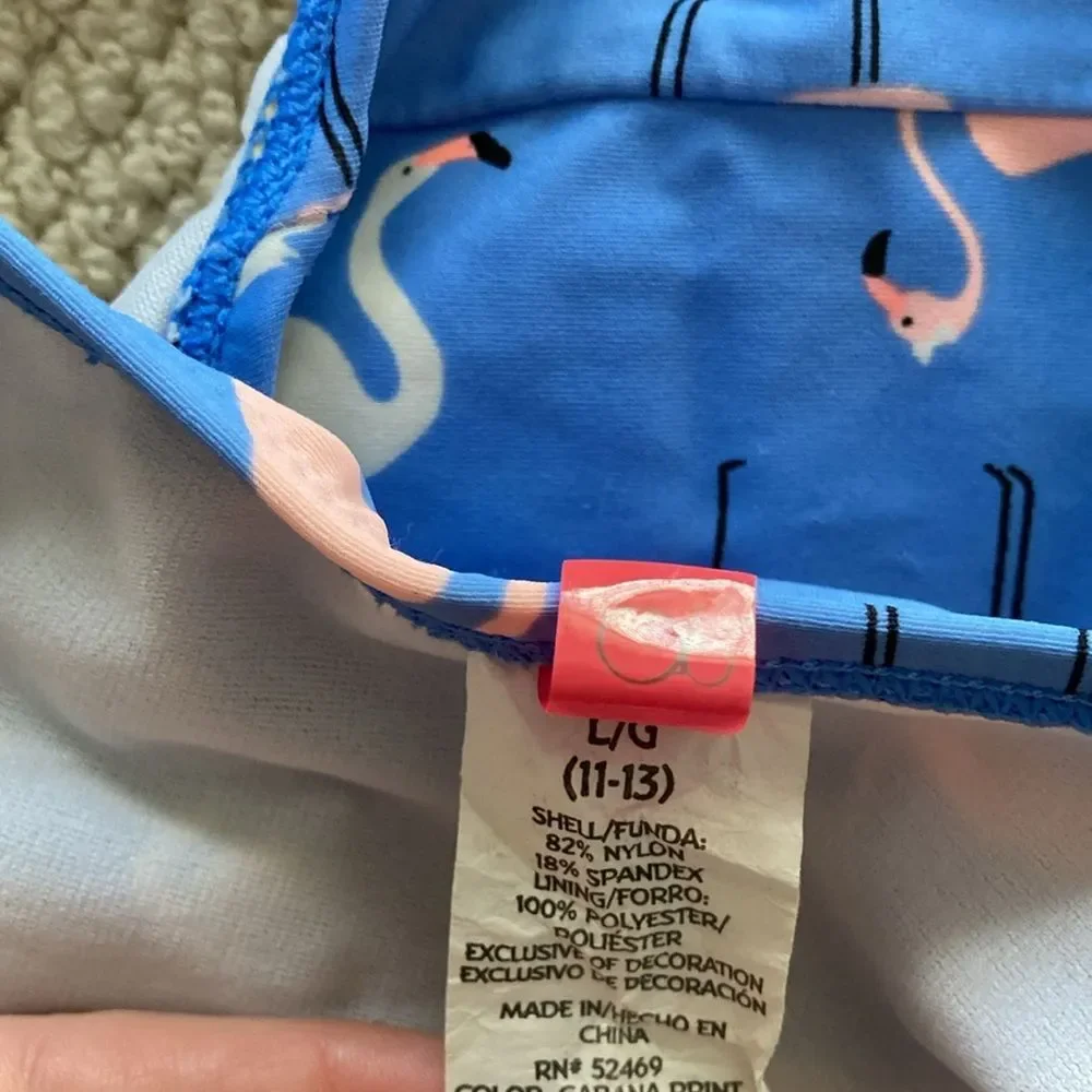 OP Girls Flamingo Bikini Set Triangle Adjustable Straps Blue Pink Size Large EUC